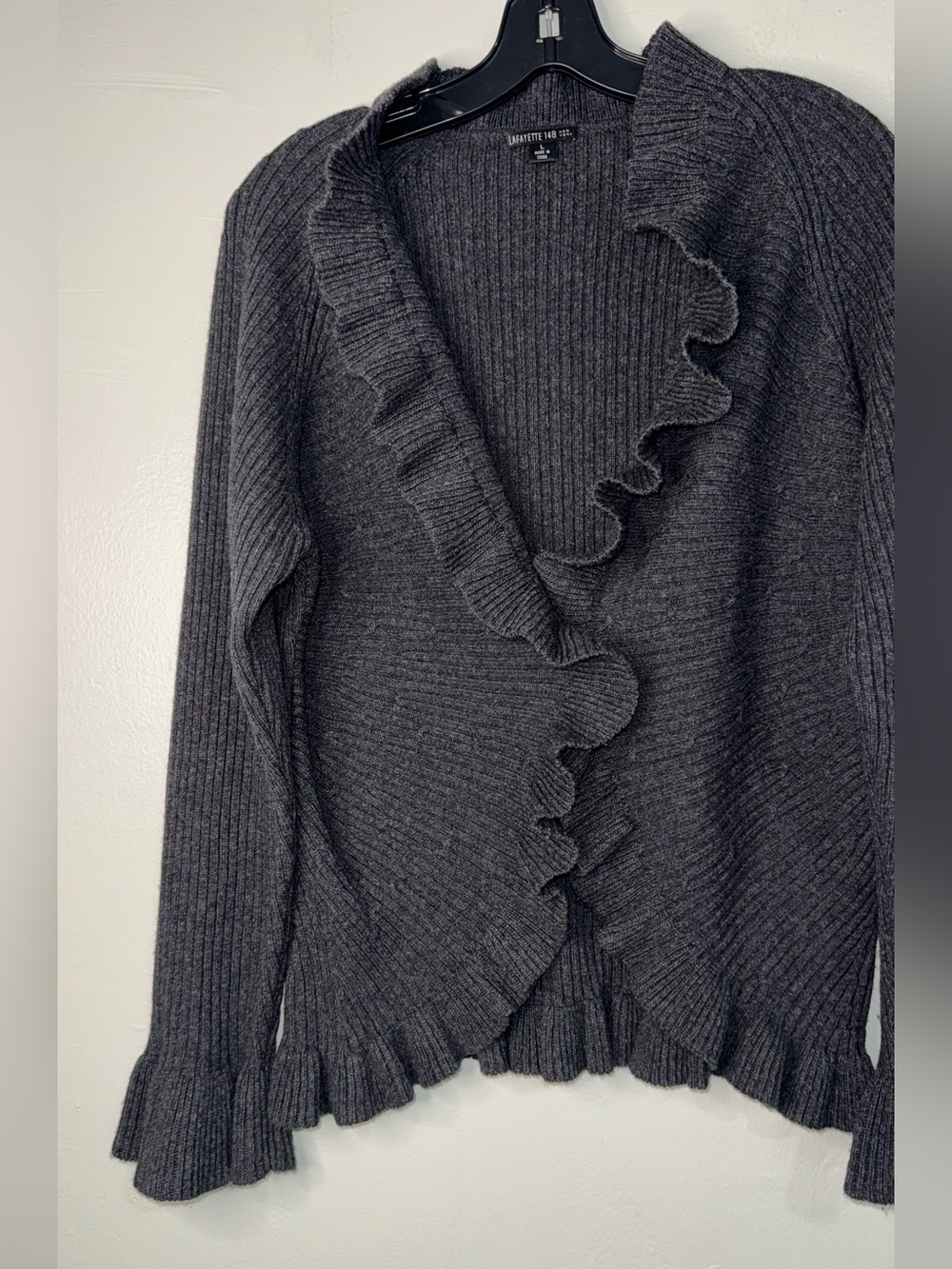 Lafayette 148 New York Charcoal Ruffle-Trim Knit Cardigan - Picture 3 of 10